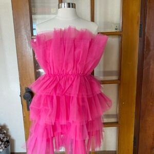 Strapless Tiered Ruffle Dress in Hot Pink
